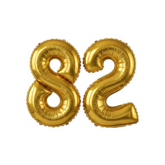 Gold foil balloon number 82 celebration on transparent background
