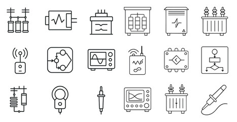 Fototapeta premium Set of icons for electronics and electrical equipment. The icons include a cell phone, a computer, a microwave, a toaster, a power box, a power line, a power transformer, a power meter, a power box