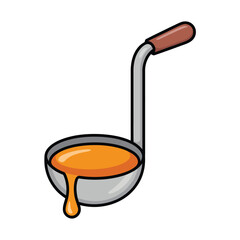 Cartoon ladle with orange liquid dripping from the bowl and a brown handle