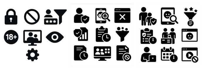 Set of icons that include a no-lock sign, a no-rating sign, a no-review sign, a no-star sign, a no-check sign, a no-checkmark sign, a no-checkbox sign,