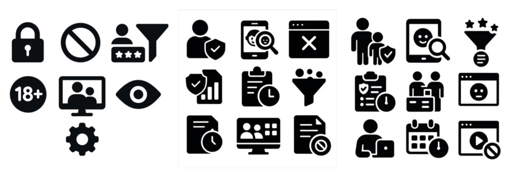 Set of icons that include a no-lock sign, a no-rating sign, a no-review sign, a no-star sign, a no-check sign, a no-checkmark sign, a no-checkbox sign,