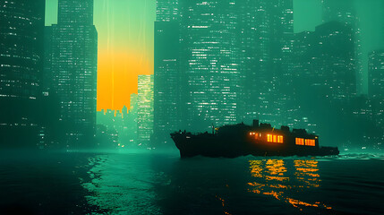 Futuristic cityscape by water, a dark vessel navigates a teal-tinted harbor at dawn.  Neon lights illuminate tall buildings