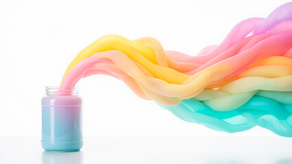 Colorful Fluid Waves Flowing from a Jar on Bright Clean Background in Soft Pastel Shades
