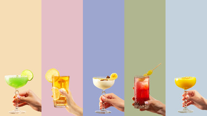 Collage of cocktails held by hands in colorful minimalist blocks. Concept of drink comparison, visual storytelling, product showcase, layout design, social banners.