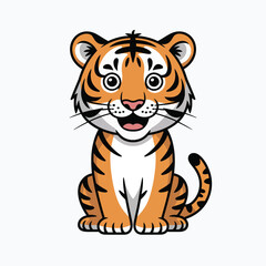 Cute cartoon tiger cub sitting and smiling with big eyes and stripes