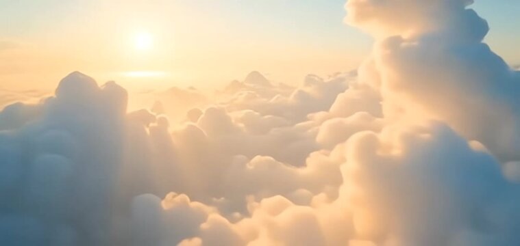 An aerial shot above beautiful sunset clouds with sun shining through fog, detailed picturesque view, camera moving into amazing cloudscape with beautiful light rays, realistic CG animation.