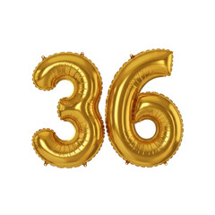 Gold foil number 36 balloons on transparent background