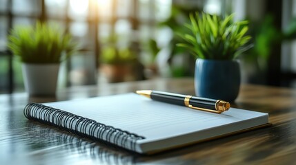Notepad and pen on wooden desk with plants in bright workspace during daylight hours