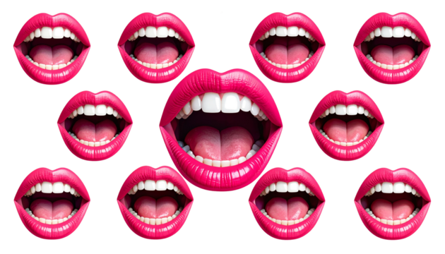 collage of screaming mouths with lip stick on lips isolated on transparent background.