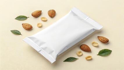 A white, blank snack bar wrapper surrounded by almonds, macadamia nuts, and green leaves on a beige background.