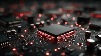 Close-up view of a microchip with glowing lights on a circuit board showcasing technology details