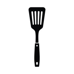 Simple black silhouette of a slotted turner kitchen utensil on a white background