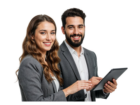 Smiling professional business man and woman colleagues looking at tablet together isolated on transparent background