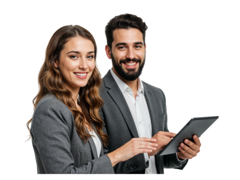 Smiling professional business man and woman colleagues looking at tablet together isolated on transparent background