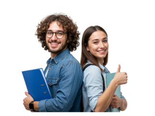 Happy diverse students with books and binders smiling and giving thumbs up isolated on transparent background