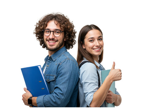 Happy diverse students with books and binders smiling and giving thumbs up isolated on transparent background