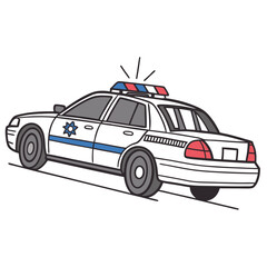 White police car with blue stripe and flashing lights