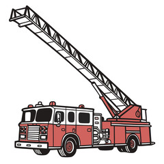 Red fire engine with extended ladder and hose fire truck emergency vehicle © BOY