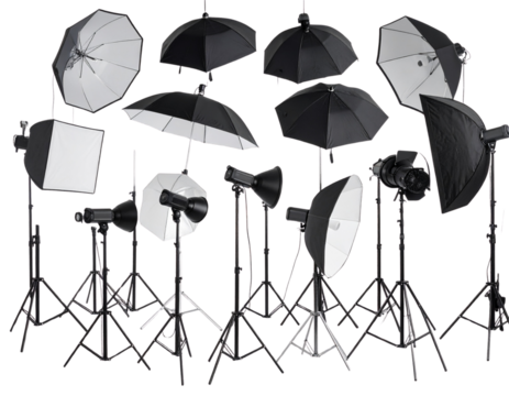  Professional studio lighting equipment arranged for photo shoot isolated on transparent background PNG   - Powered by Adobe