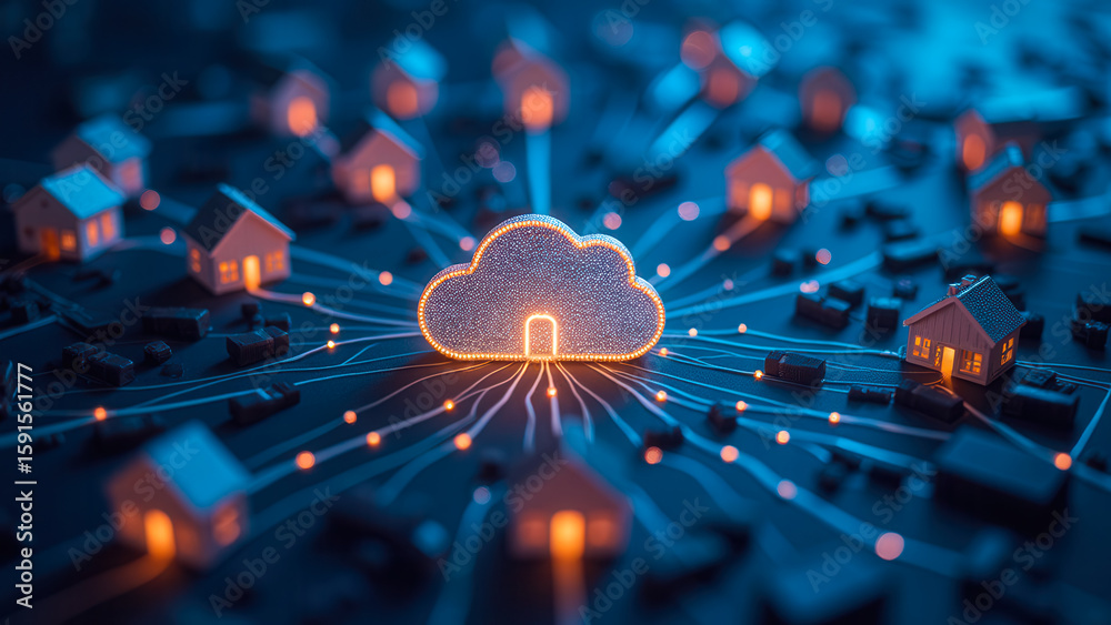 Poster cloud computing and home connection concept with network and data visualization technology