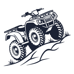 Rugged A T V climbing grassy hill quad bike four wheeler
