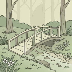 Rustic Wooden Bridge Crossing a Tranquil Stream Vector Illustration