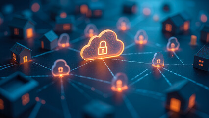Digital Network Connection with Secure Cloud Icon Surrounded by Home Symbols and Glowing Locks