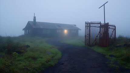 Misty mountain cabin with lit window and gate
