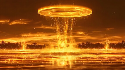Fiery golden ring-shaped object descends from the sky, sparking a fiery explosion on the water's edge.  Golden flames rise into a sunset sky