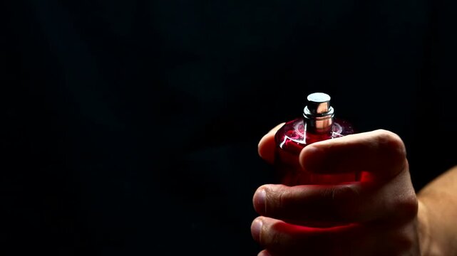 Spraying perfume on a black background.
A man sprays cologne, the drops scatter on a black background in slow motion.
Many small drops with backlight