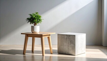 Compact pine side table beside concrete block planter in raw studio setting, minimal color palette and harsh lighting contrast