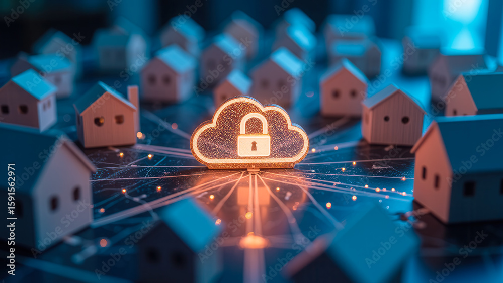 Poster cloud computing security concept with houses connected by data in a network environment
