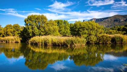 Tranquil lake reflecting a vibrant landscape