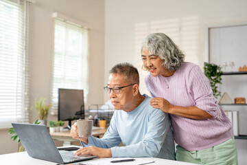 Senior Spouses enjoying retirement and free time browsing on laptop  At Home. Older Couple Browsing...