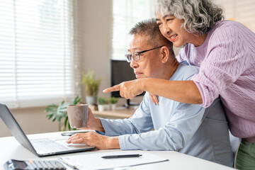 Senior couple purchasing online on laptop and drinking coffee, spending weekends at home.