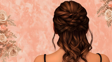 Elegant updo hairstyle on a woman.  Detailed braided and twisted style.  Romantic, feminine look