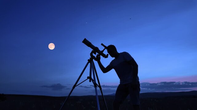 Amateur astronomer using telescope for watching stars, Moon, planets and other celestial objects from a field in nature.