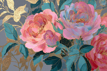 Luxurious Pink and coral peonies with teal leaves and gold leaf accents on a gray background in an elegant floral artwork