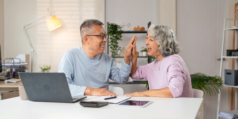 Joyful old Couple working on laptop Giving High-Five Celebrating Financial Success Sitting at ddesk...