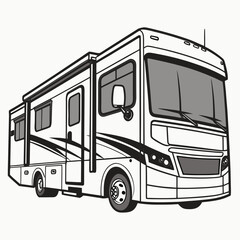 Sleek white motorhome with large windows and black accents camper recreational vehicle
