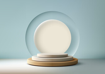 mockup podium for product display with beige circular platforms and gold base on blue background with translucent frame 3d minimal design for branding showcase or showroom template