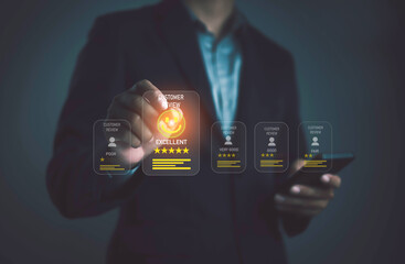Businesspeople rate their satisfaction and praise the products and excellent service, customer care of employees. to express opinions and give 5 star	
