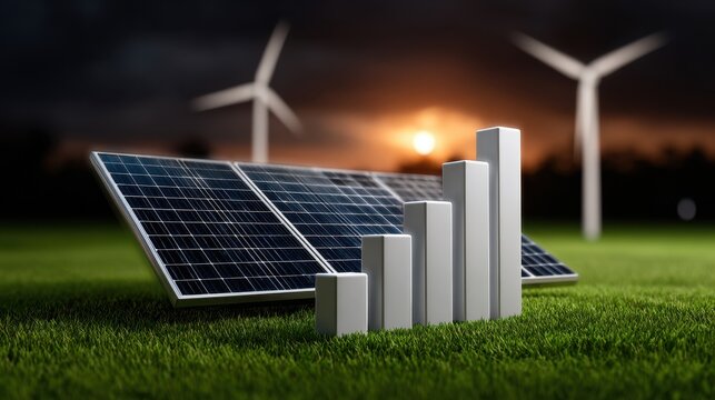 Green energy investment Solar panels and bar graphs represent renewable energy growth against a sunset backdrop with wind turbines. - Powered by Adobe