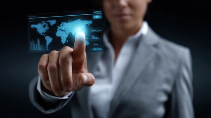 Green energy investment Business professional interacting with a digital world map display.