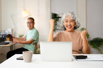Cheerful happy overjoyed old elderly senior woman grandmother shouting celebrating winning...