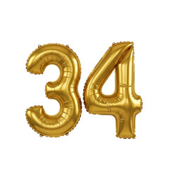 Golden balloon numbers 34 on transparent background