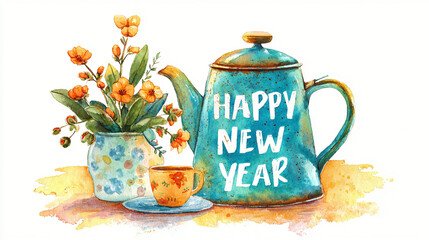 Watercolor illustration of a blue teapot with Happy New Year text, floral vase, and teacup symbolizing Enkutatash celebration and Ethiopian hospitality