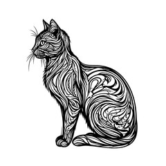 Obraz premium Elegant cat with a flexible tail, black and white pattern. Vector illustration. Silhouette of a sitting cat is decorated with patterns, isolated on a white background. A feeling of calm contemplation
