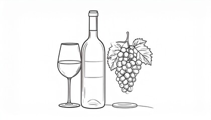Bottle and glass of wine with bunch of ripe grapes. Hand drawn clipart sketch for restaurant or bar menu