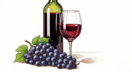 Bottle and glass of wine with bunch of ripe grapes. Hand drawn clipart sketch for restaurant or bar menu